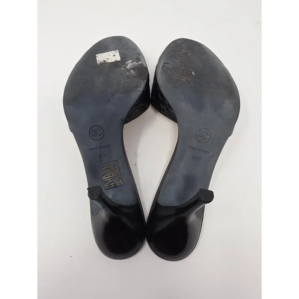 Chanel Vintage Camellia Flower Leather Mules Black Open Toe Heels CC Logo 38.5 8
